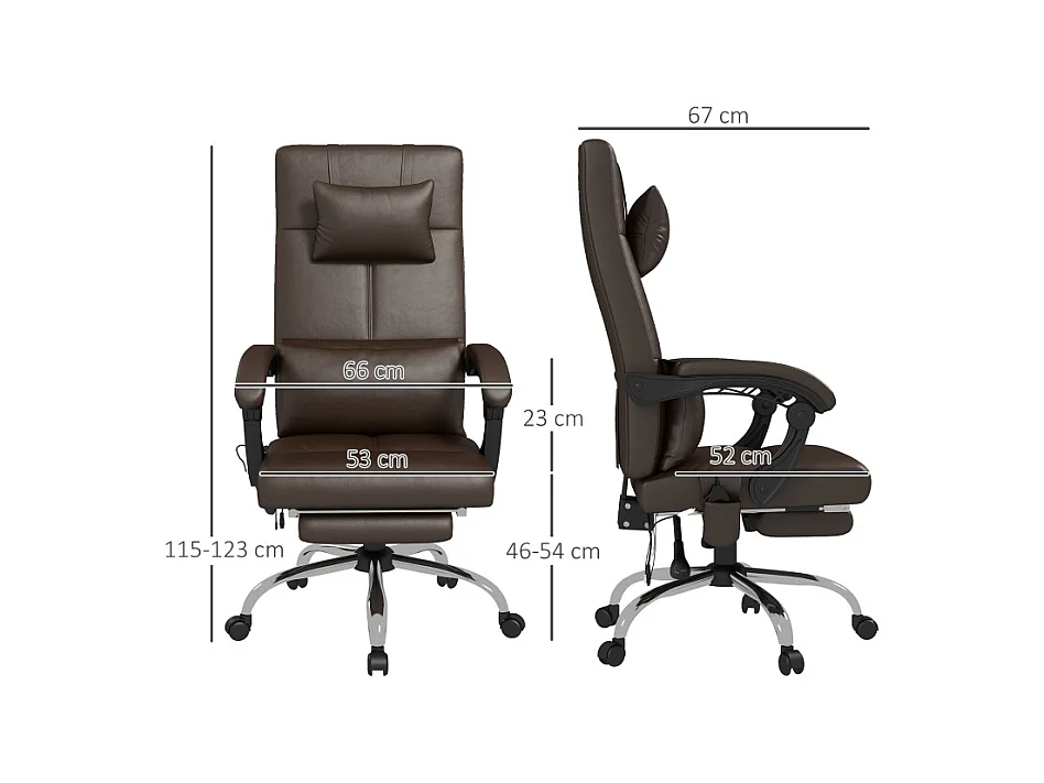 Fauteuil de bureau ergonomique avec massage, chauffage, inclinaison et repose-pieds, simili cuir, café (66x67x123 cm)