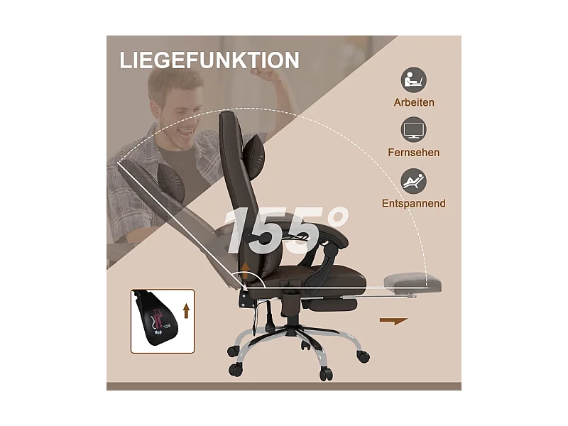 Fauteuil de bureau ergonomique avec massage, chauffage, inclinaison et repose-pieds, simili cuir, café (66x67x123 cm)