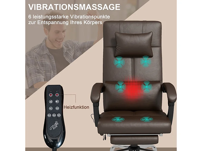 Fauteuil de bureau ergonomique avec massage, chauffage, inclinaison et repose-pieds, simili cuir, café (66x67x123 cm)