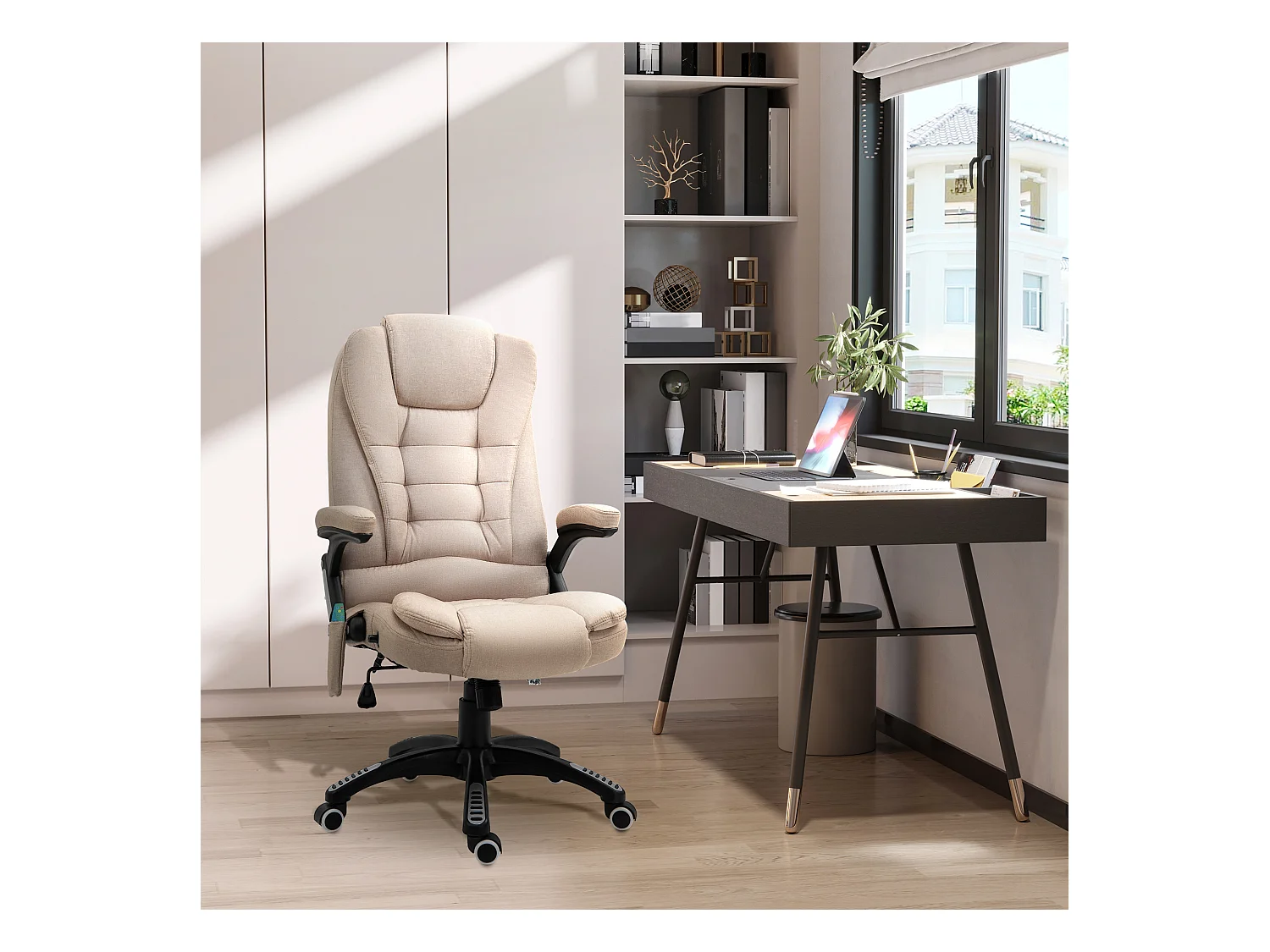 Fauteuil de bureau ergonomique avec massage et fonction chauffante, chaise de gaming inclinable, polyester, marron (67x74x120 cm)