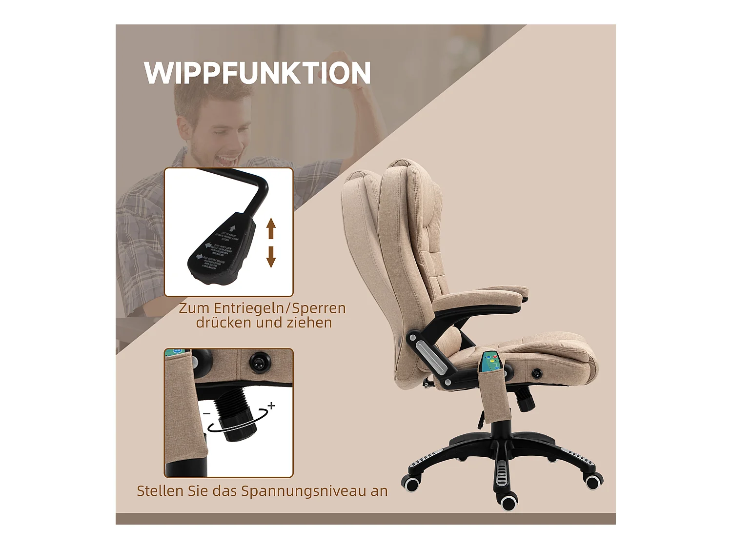 Fauteuil de bureau ergonomique avec massage et fonction chauffante, chaise de gaming inclinable, polyester, marron (67x74x120 cm)