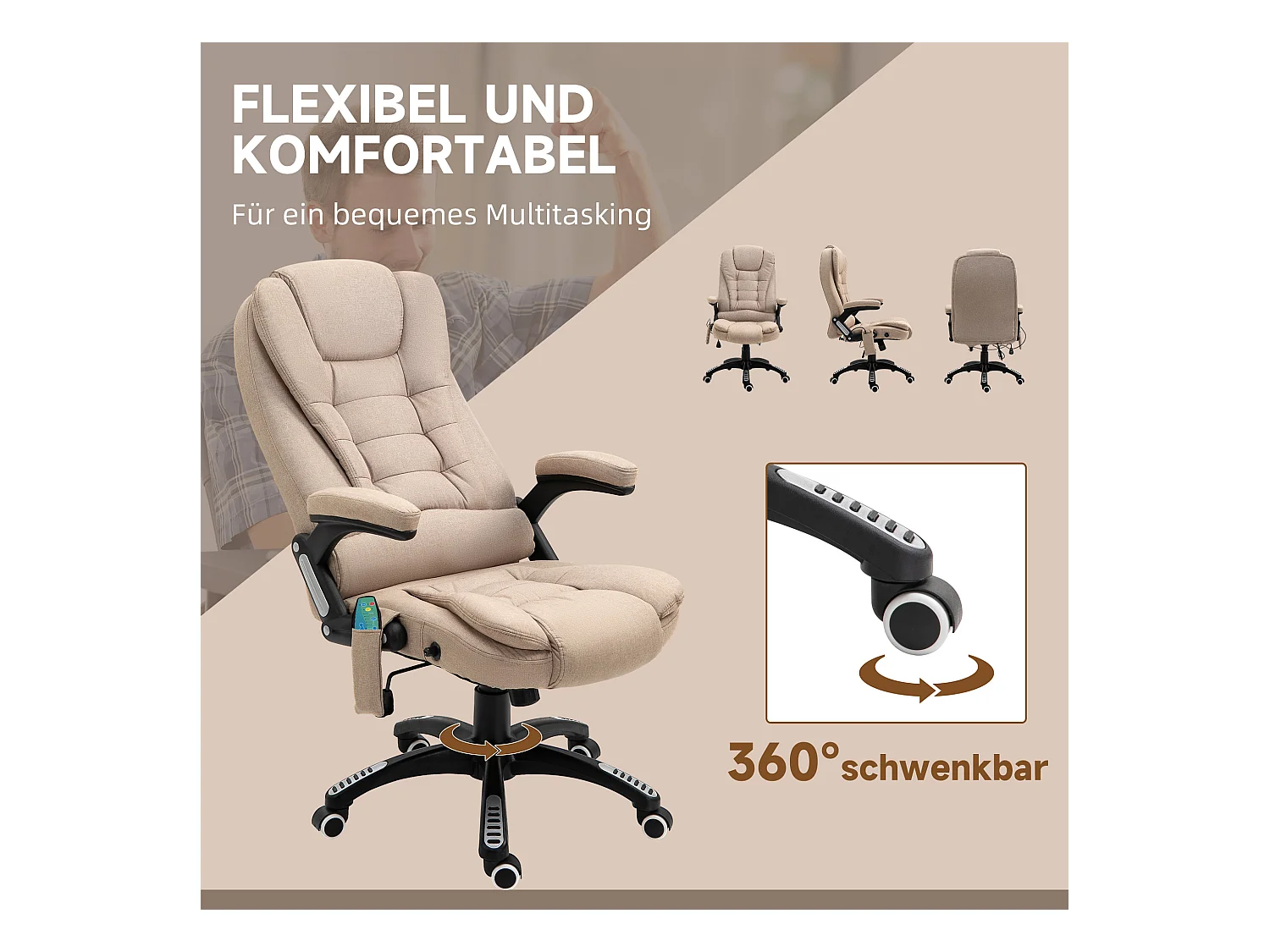 Fauteuil de bureau ergonomique avec massage et fonction chauffante, chaise de gaming inclinable, polyester, marron (67x74x120 cm)