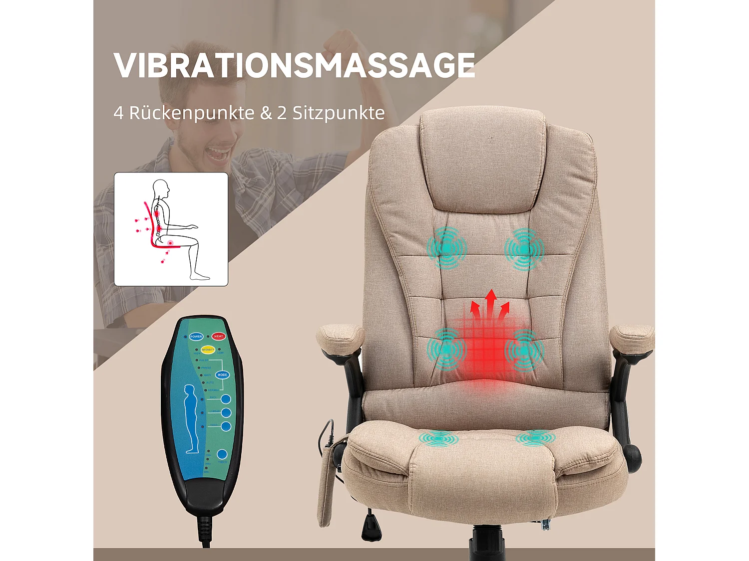 Ergonomische bureaustoel met massage- en verwarmingsfunctie, relaxfauteuil voor gaming, polyester, bruin (67x74x120 cm)