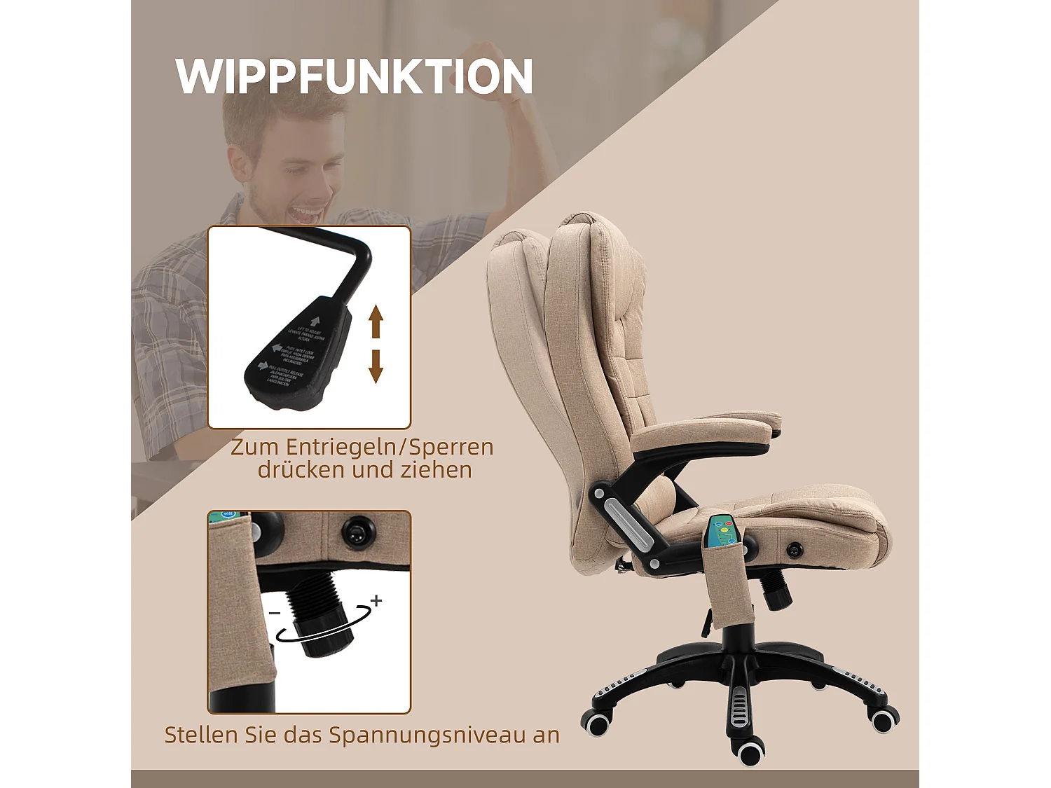 Ergonomische bureaustoel met massage- en verwarmingsfunctie, relaxfauteuil voor gaming, polyester, bruin (67x74x120 cm)