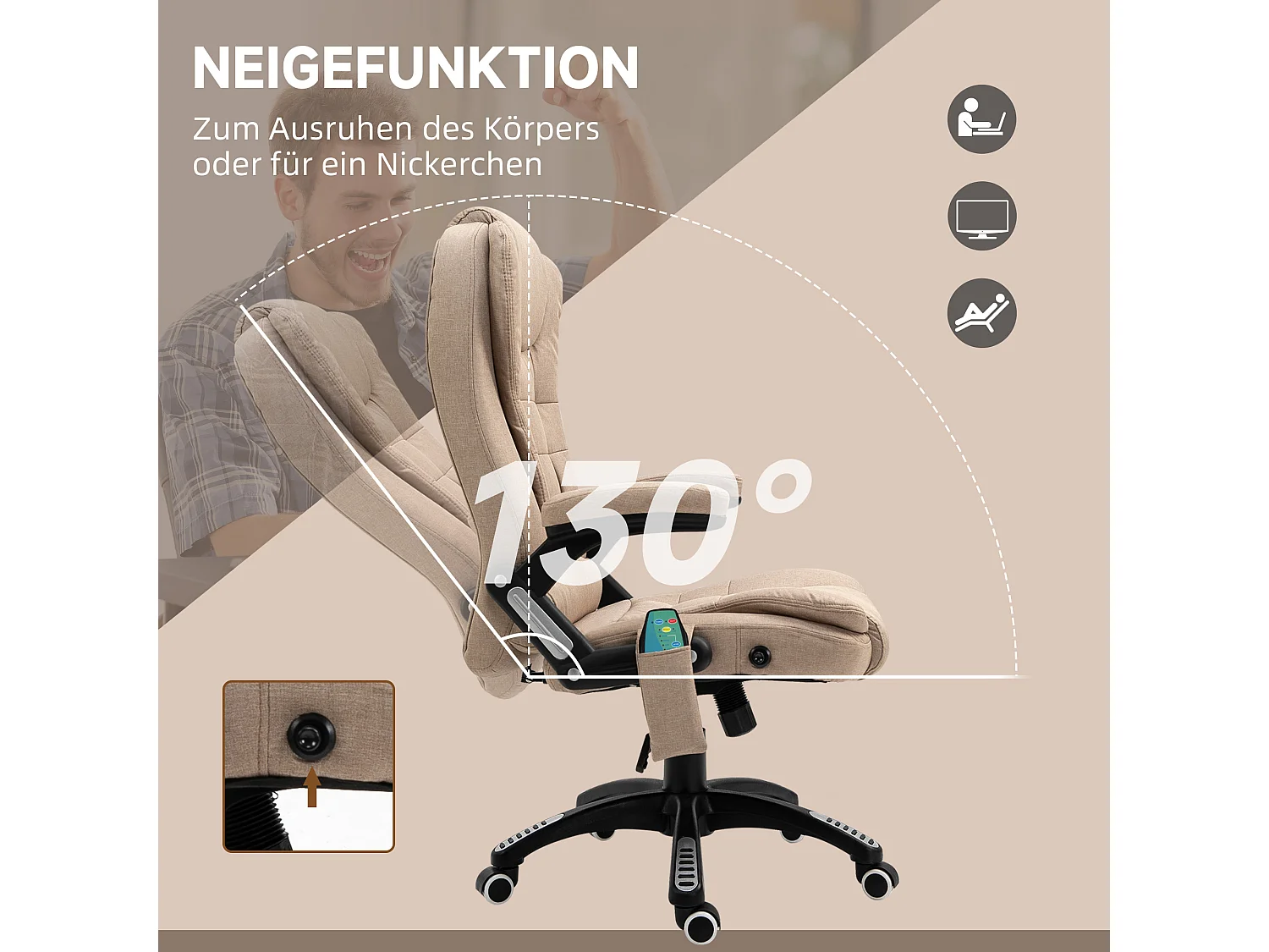 Ergonomische bureaustoel met massage- en verwarmingsfunctie, relaxfauteuil voor gaming, polyester, bruin (67x74x120 cm)