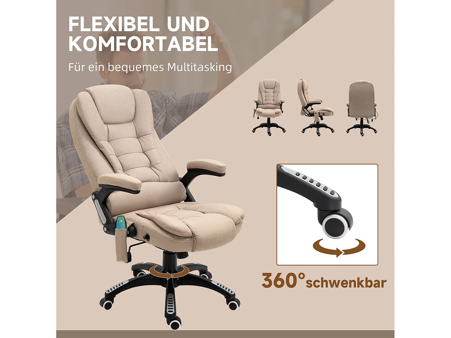 Ergonomische bureaustoel met massage- en verwarmingsfunctie, relaxfauteuil voor gaming, polyester, bruin (67x74x120 cm)