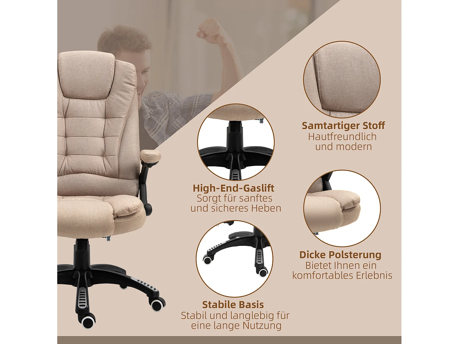 Ergonomische bureaustoel met massage- en verwarmingsfunctie, relaxfauteuil voor gaming, polyester, bruin (67x74x120 cm)