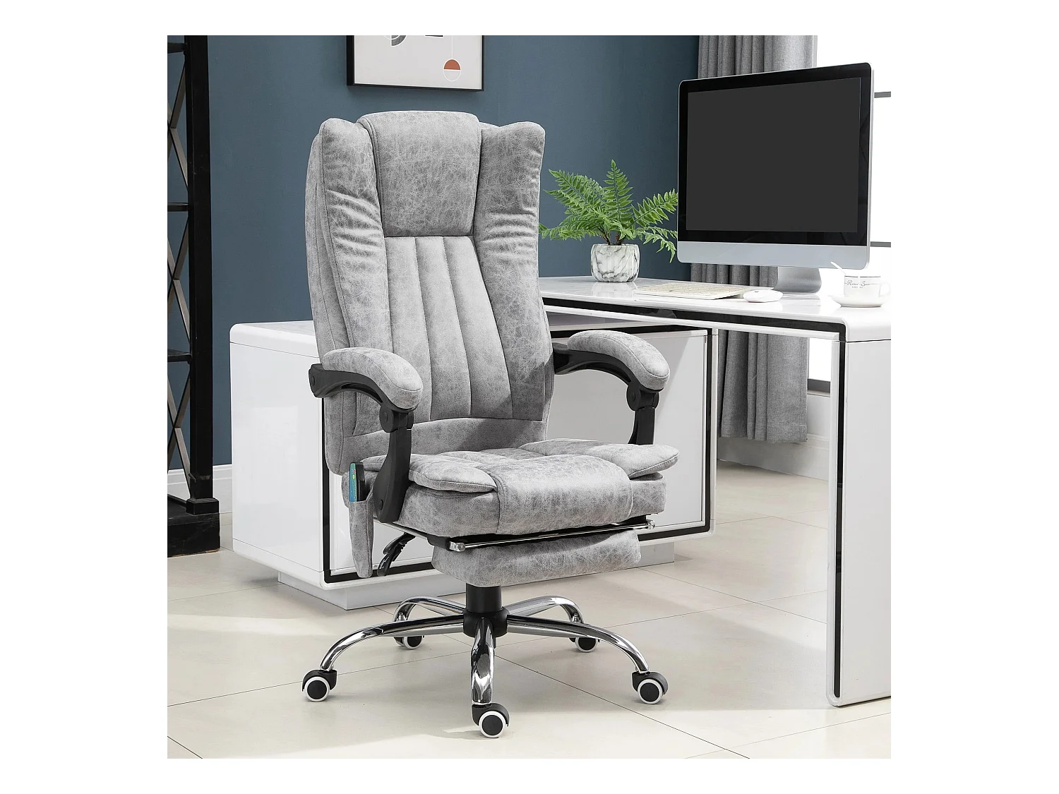 Fauteuil de bureau avec massage et chauffage, fonction inclinable, cuir synthétique, gris (62x67x120 cm)