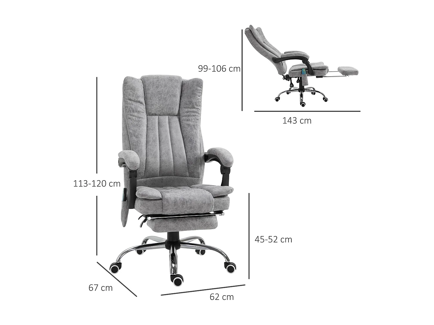 Fauteuil de bureau avec massage et chauffage, fonction inclinable, cuir synthétique, gris (62x67x120 cm)