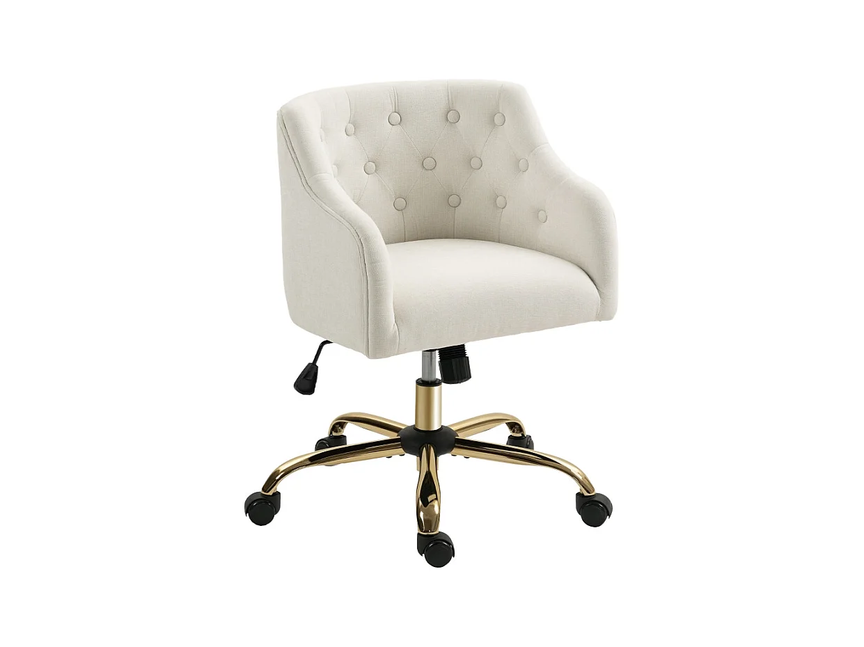 Chaise de bureau pivotante avec dossier capitonné, réglable en hauteur, polyester beige (54x52x73-81cm)