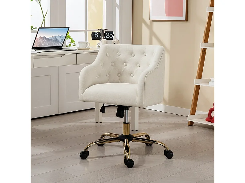 Chaise de bureau pivotante avec dossier capitonné, réglable en hauteur, polyester beige (54x52x73-81cm)