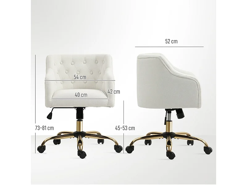 Chaise de bureau pivotante avec dossier capitonné, réglable en hauteur, polyester beige (54x52x73-81cm)