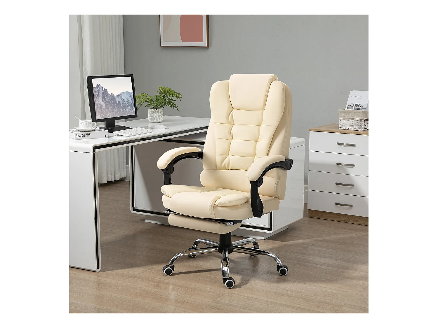 Fauteuil de direction ergonomique avec repose-pieds, inclinable, cuir synthétique, crème (64.5x69x109-117 cm)