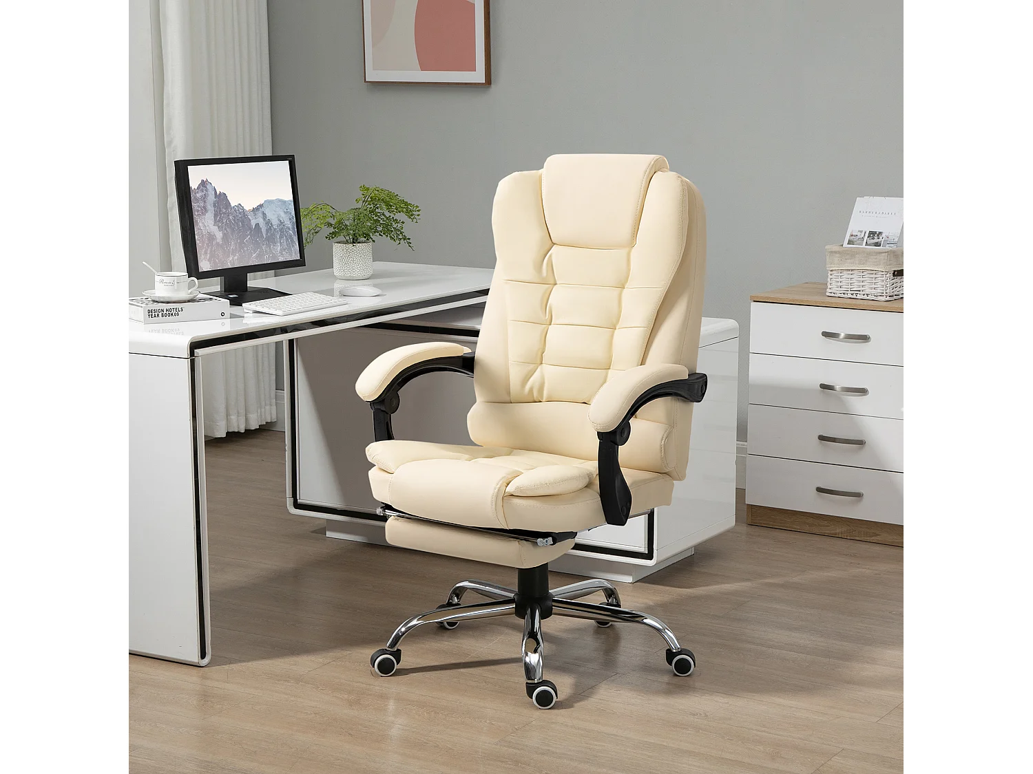 Fauteuil de direction ergonomique avec repose-pieds, inclinable, cuir synthétique, crème (64.5x69x109-117 cm)