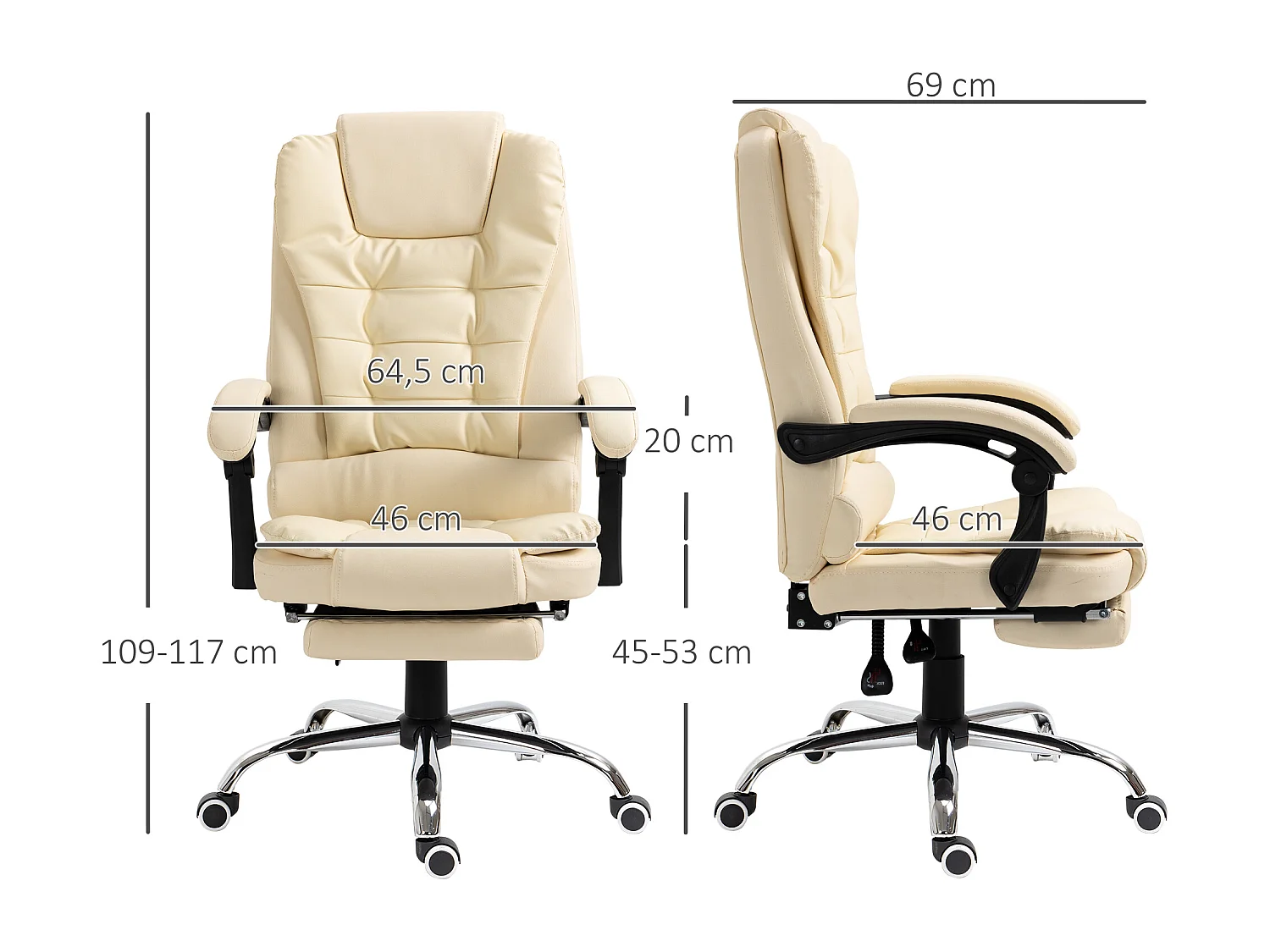 Fauteuil de direction ergonomique avec repose-pieds, inclinable, cuir synthétique, crème (64.5x69x109-117 cm)