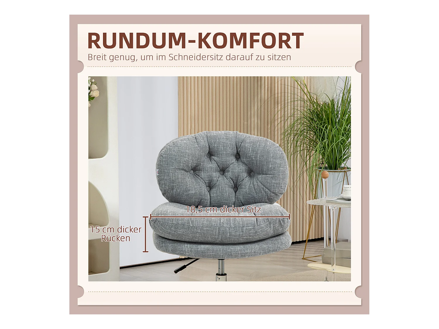 Fauteuil de bureau ergonomique avec fonction bascule, assise rembourrée, tissu lin gris (65x65x84-94cm)