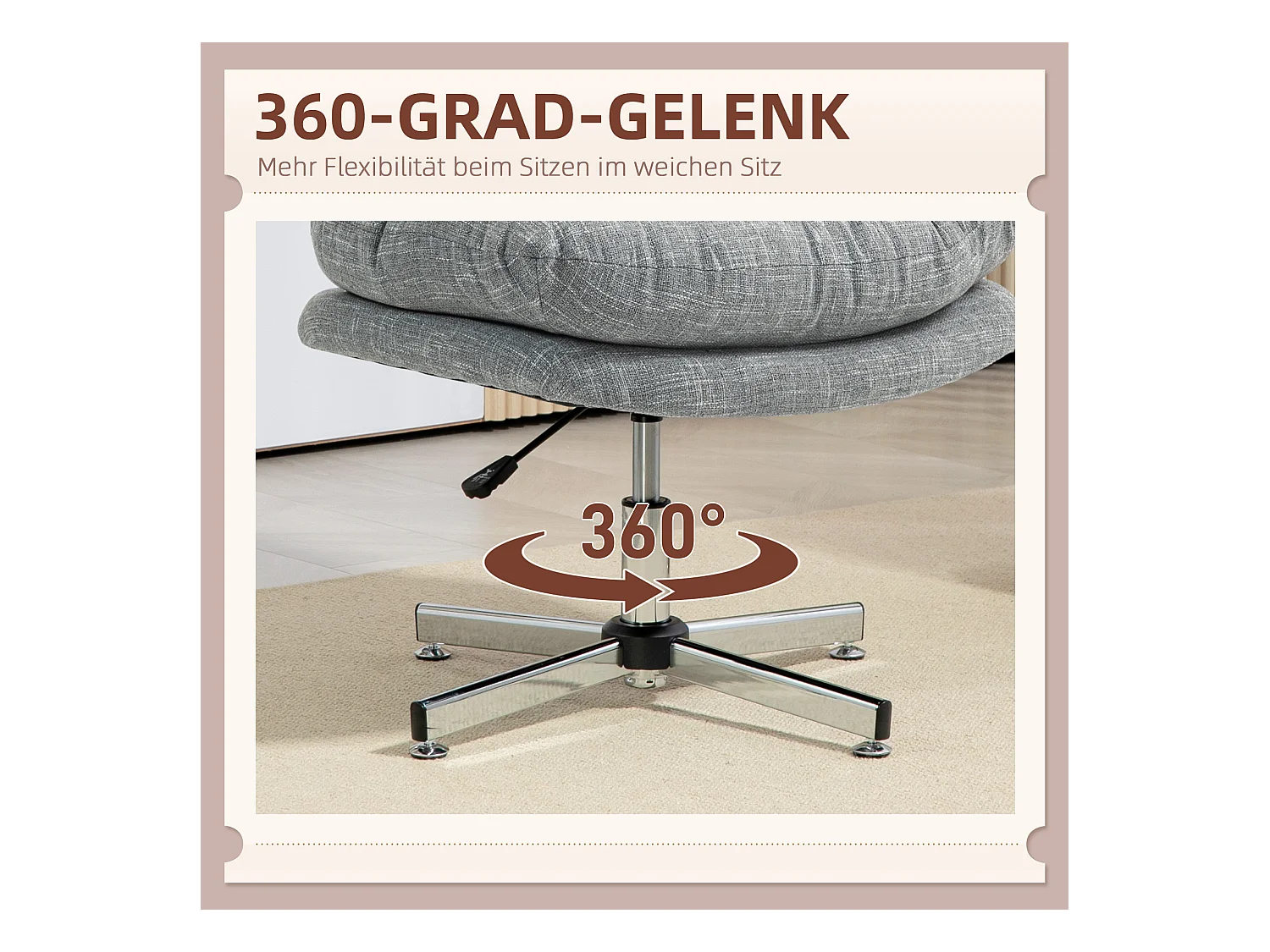 Fauteuil de bureau ergonomique avec fonction bascule, assise rembourrée, tissu lin gris (65x65x84-94cm)