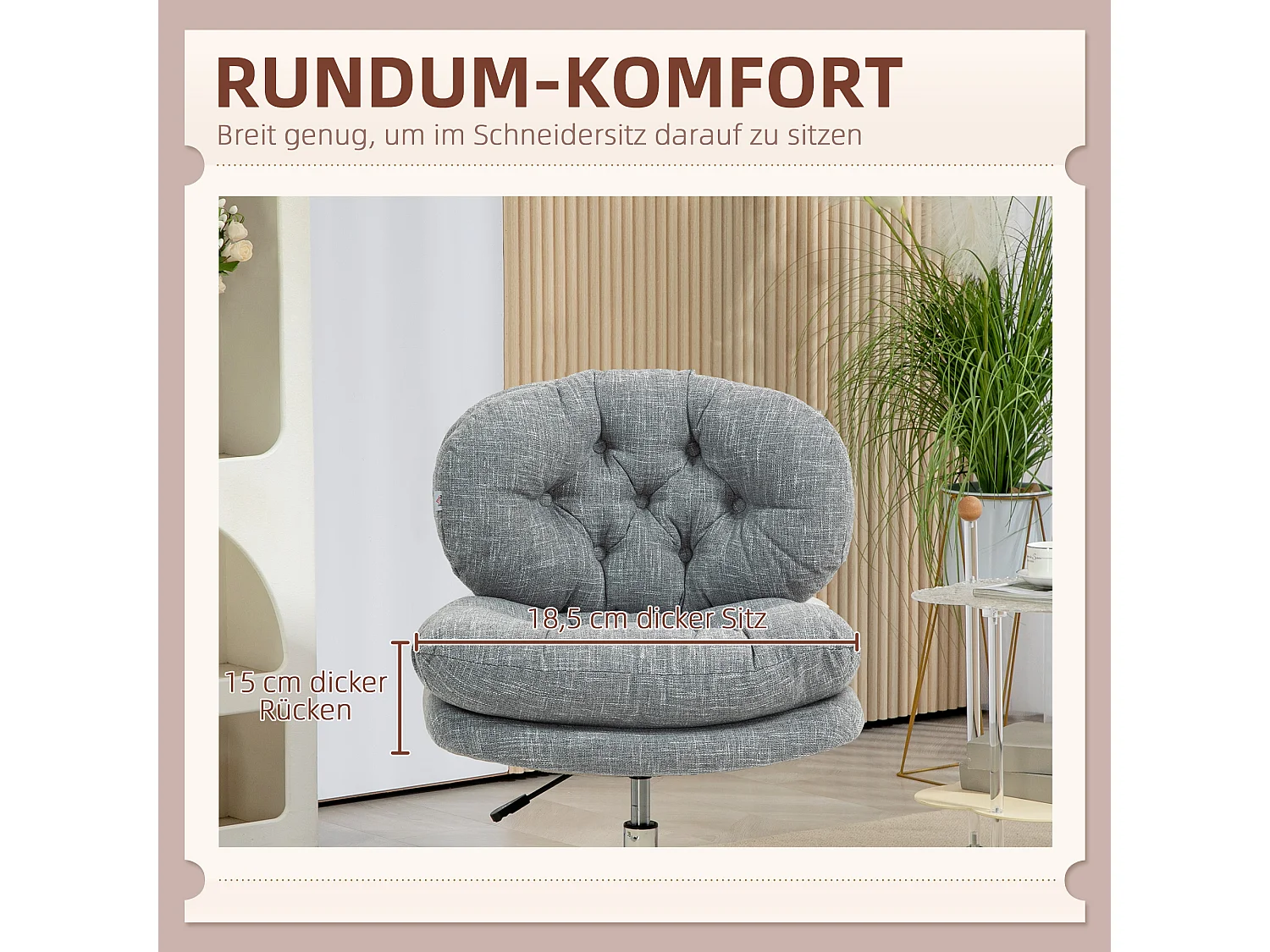 Fauteuil de bureau ergonomique avec fonction bascule, assise rembourrée, tissu lin gris (65x65x84-94cm)