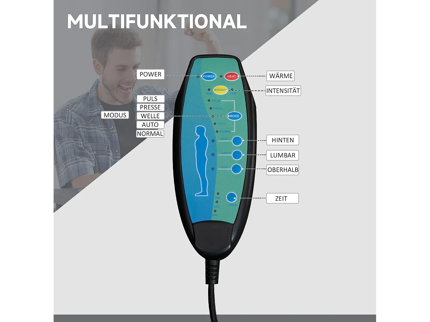 Fauteuil de bureau avec massage et chauffage, acier, gris, ergonomique, avec repose-pieds réglable (62x70x113-120cm)