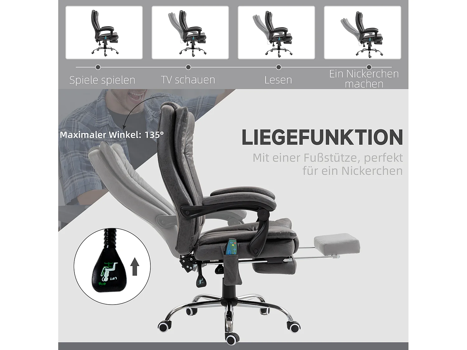 Fauteuil de bureau avec massage et chauffage, acier, gris, ergonomique, avec repose-pieds réglable (62x70x113-120cm)