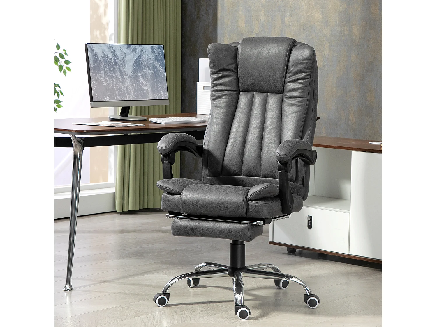 Fauteuil de bureau avec massage et chauffage, acier, gris, ergonomique, avec repose-pieds réglable (62x70x113-120cm)