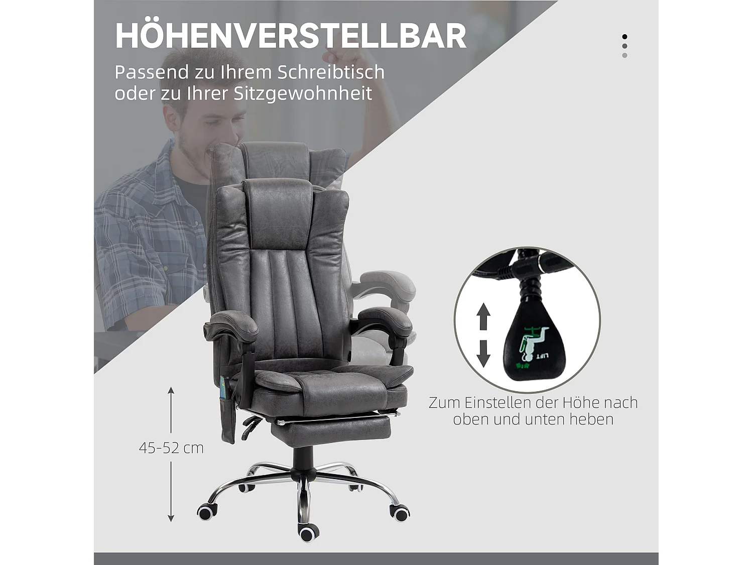 Fauteuil de bureau avec massage et chauffage, acier, gris, ergonomique, avec repose-pieds réglable (62x70x113-120cm)