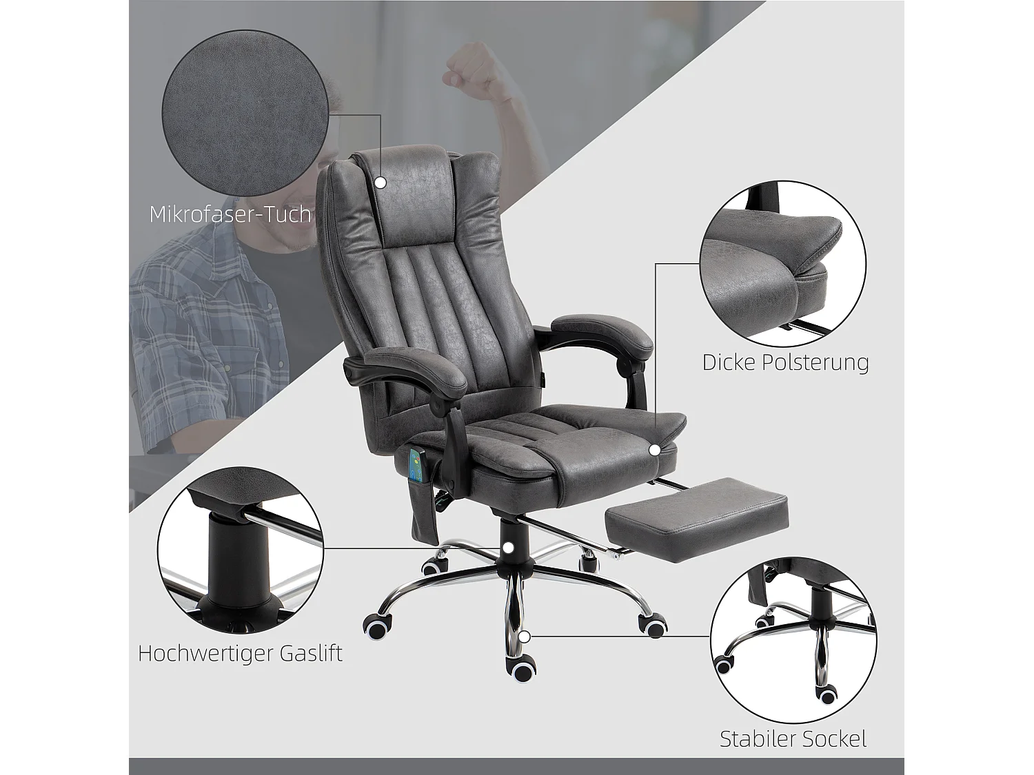 Fauteuil de bureau avec massage et chauffage, acier, gris, ergonomique, avec repose-pieds réglable (62x70x113-120cm)