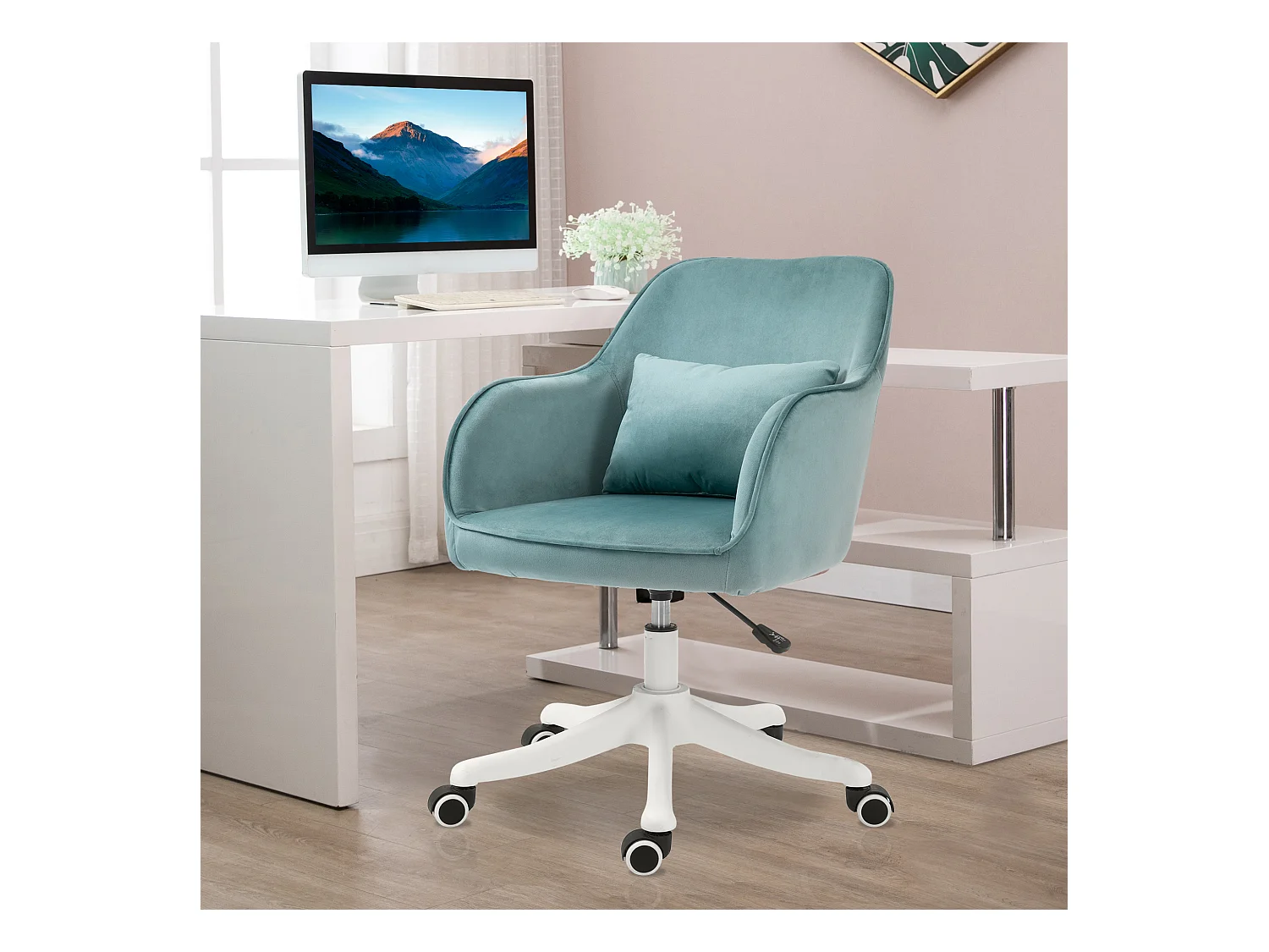 Fauteuil de bureau pivotant avec massage lombaire, mousse, vert, appuie-bras, ergonomique (57x70x86cm)