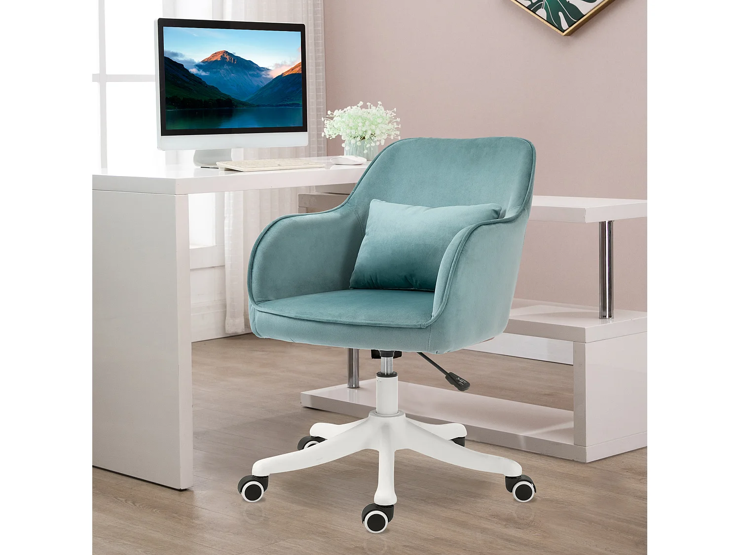 Draaibare bureaustoel met lumbale massage, schuim, groen, armleuningen, ergonomisch (57x70x86cm)