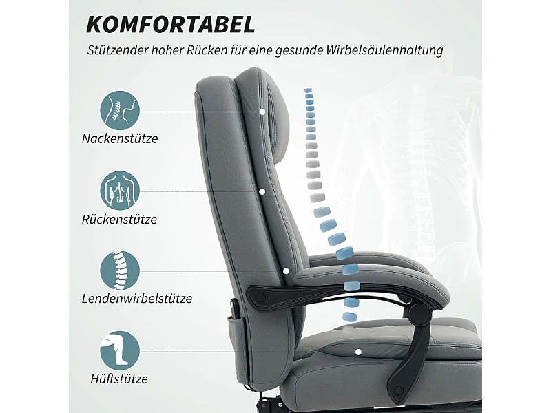 Chaise de bureau ergonomique avec fonction de massage, réglable en hauteur, avec repose-pieds, microfibre, gris (69x64x120 cm)