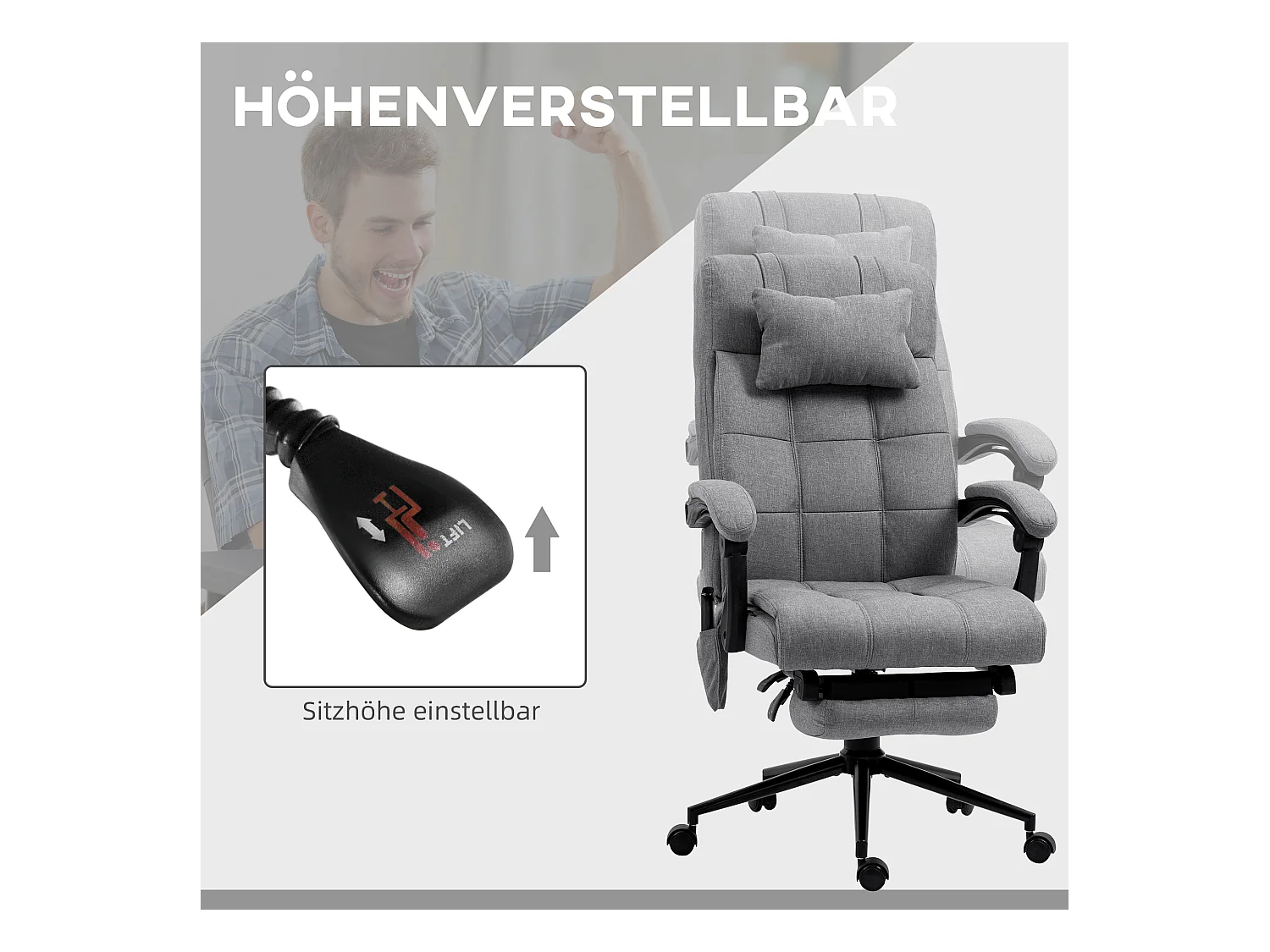 Fauteuil de bureau ergonomique avec massage, réglable en hauteur, avec chauffe-lombaire et repose-pieds, tissu polyester, gris (66x76x112-120 cm)