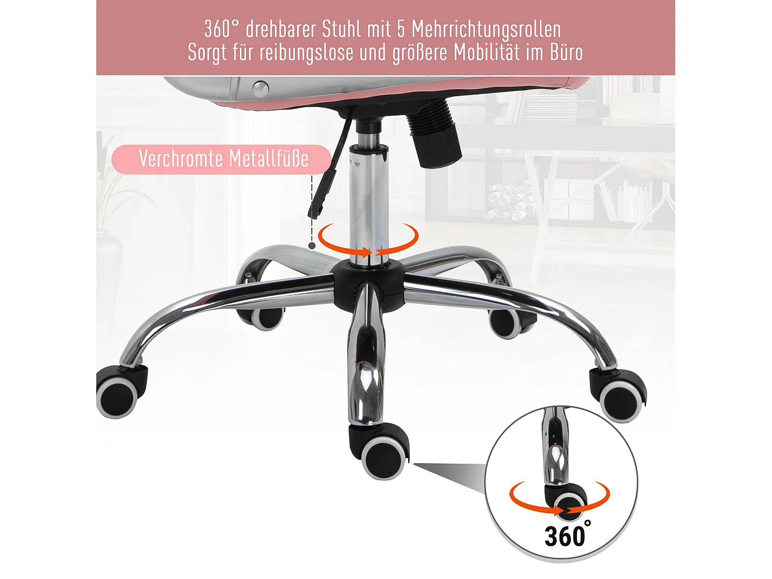 Fauteuil de Bureau Ergonomique avec Dossier Rembourré, Rose, PU, 59.5x60.5x95-105 cm