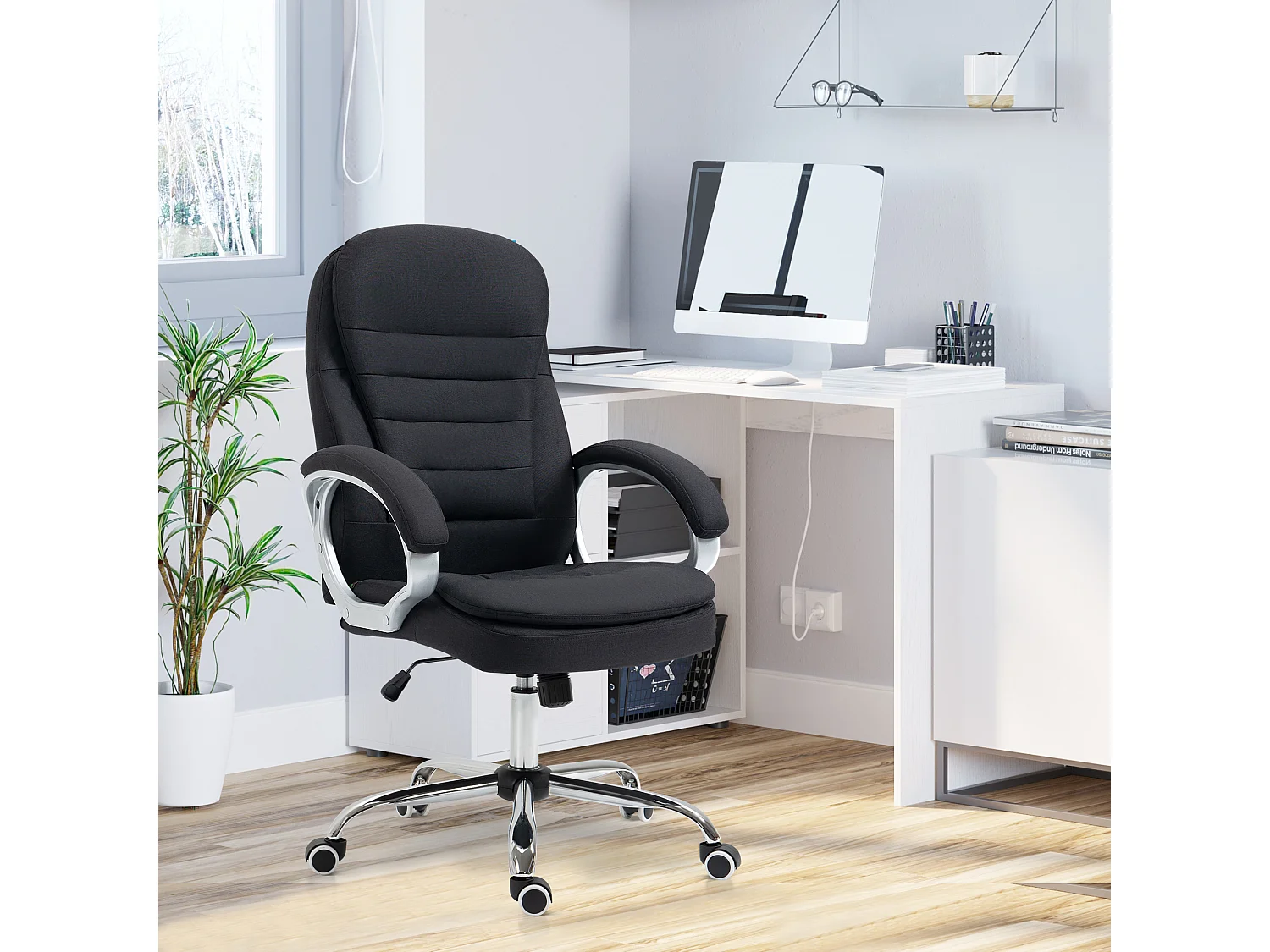 Ergonomische bureaustoel met verstelbare armleuningen, verstelbare rugleuning, linnen stof, zwart (64x75x111-121 cm)