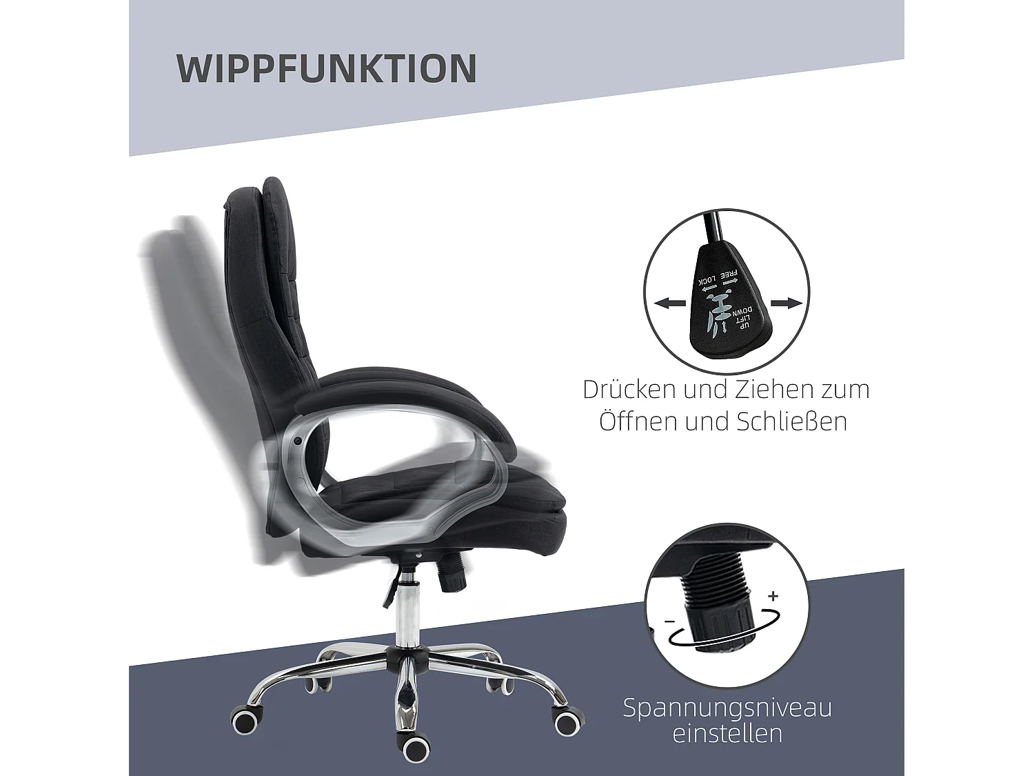 Ergonomische bureaustoel met verstelbare armleuningen, verstelbare rugleuning, linnen stof, zwart (64x75x111-121 cm)