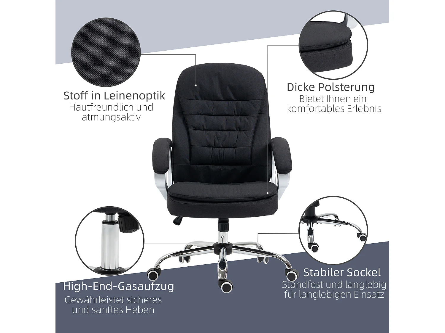 Ergonomische bureaustoel met verstelbare armleuningen, verstelbare rugleuning, linnen stof, zwart (64x75x111-121 cm)