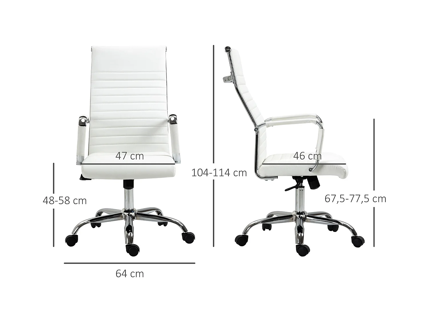 Ergonomische bureaustoel met schommelfunctie, 360° wielen, metalen poten, kunstleer, wit (54x62x104-114 cm)