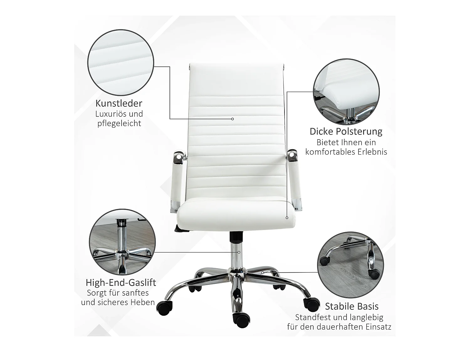 Ergonomische bureaustoel met schommelfunctie, 360° wielen, metalen poten, kunstleer, wit (54x62x104-114 cm)