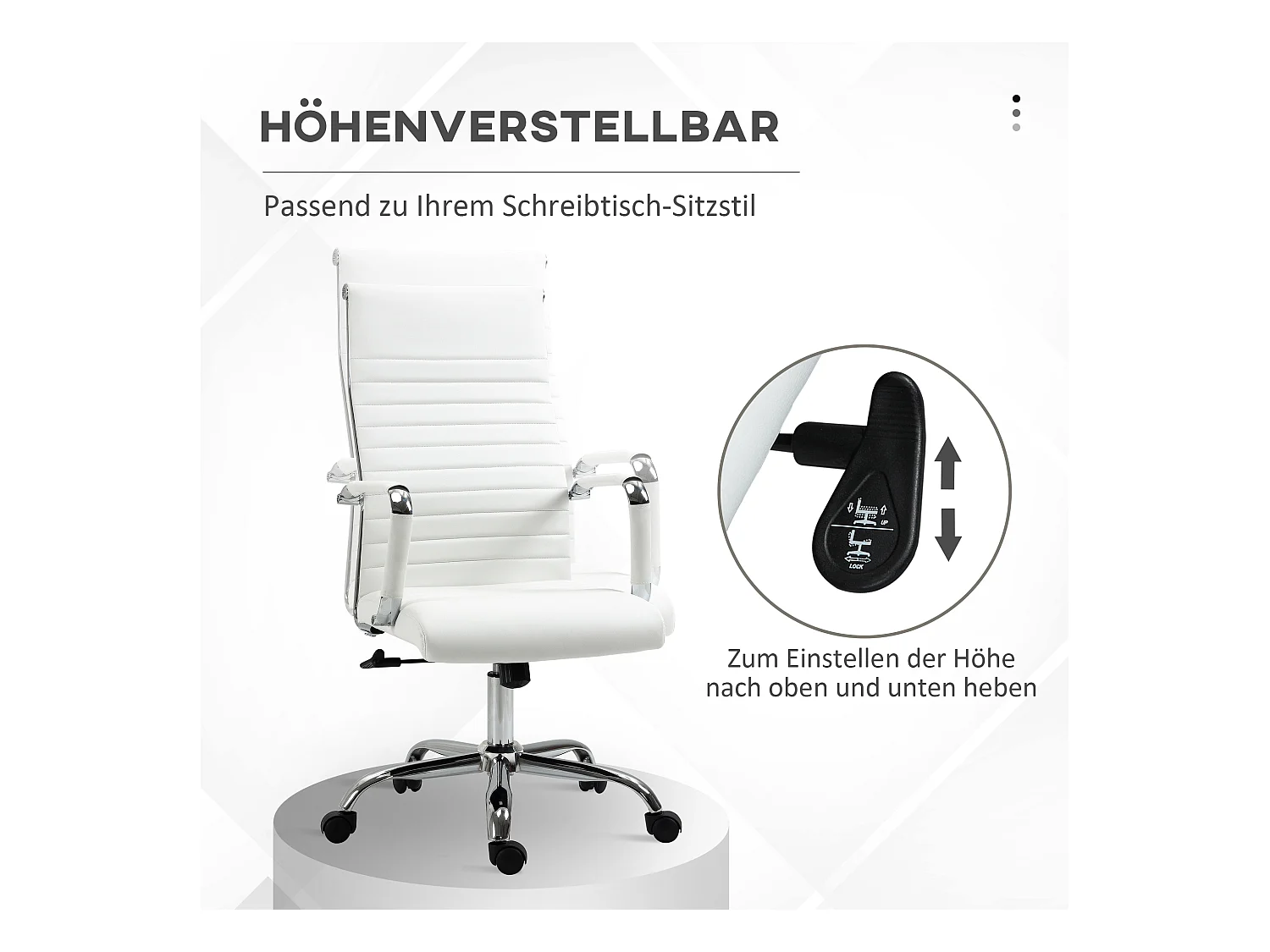 Chaise de bureau ergonomique avec fonction bascule, roulettes 360°, pieds en métal, simili cuir, blanc (54x62x104-114 cm)