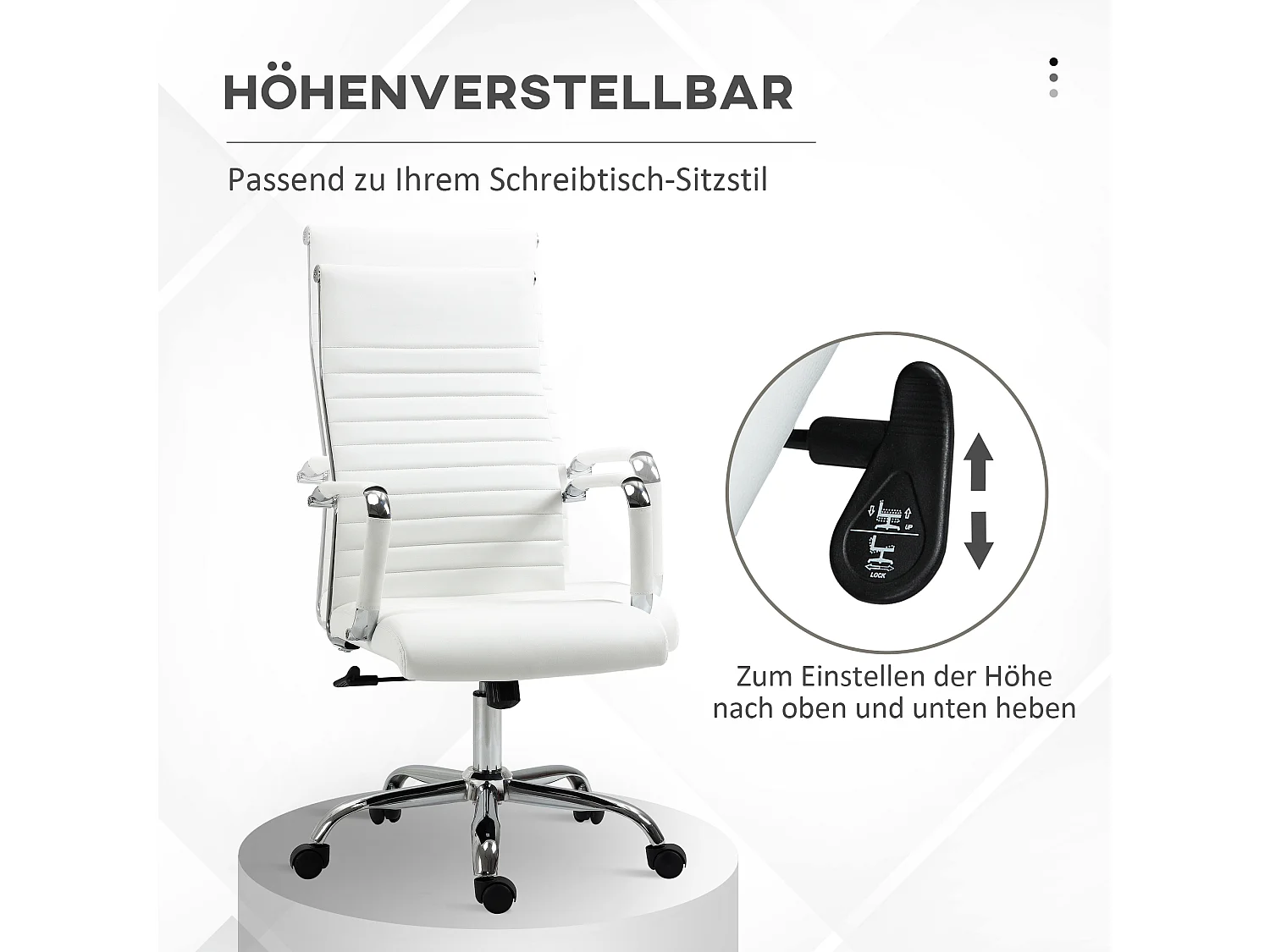 Chaise de bureau ergonomique avec fonction bascule, roulettes 360°, pieds en métal, simili cuir, blanc (54x62x104-114 cm)