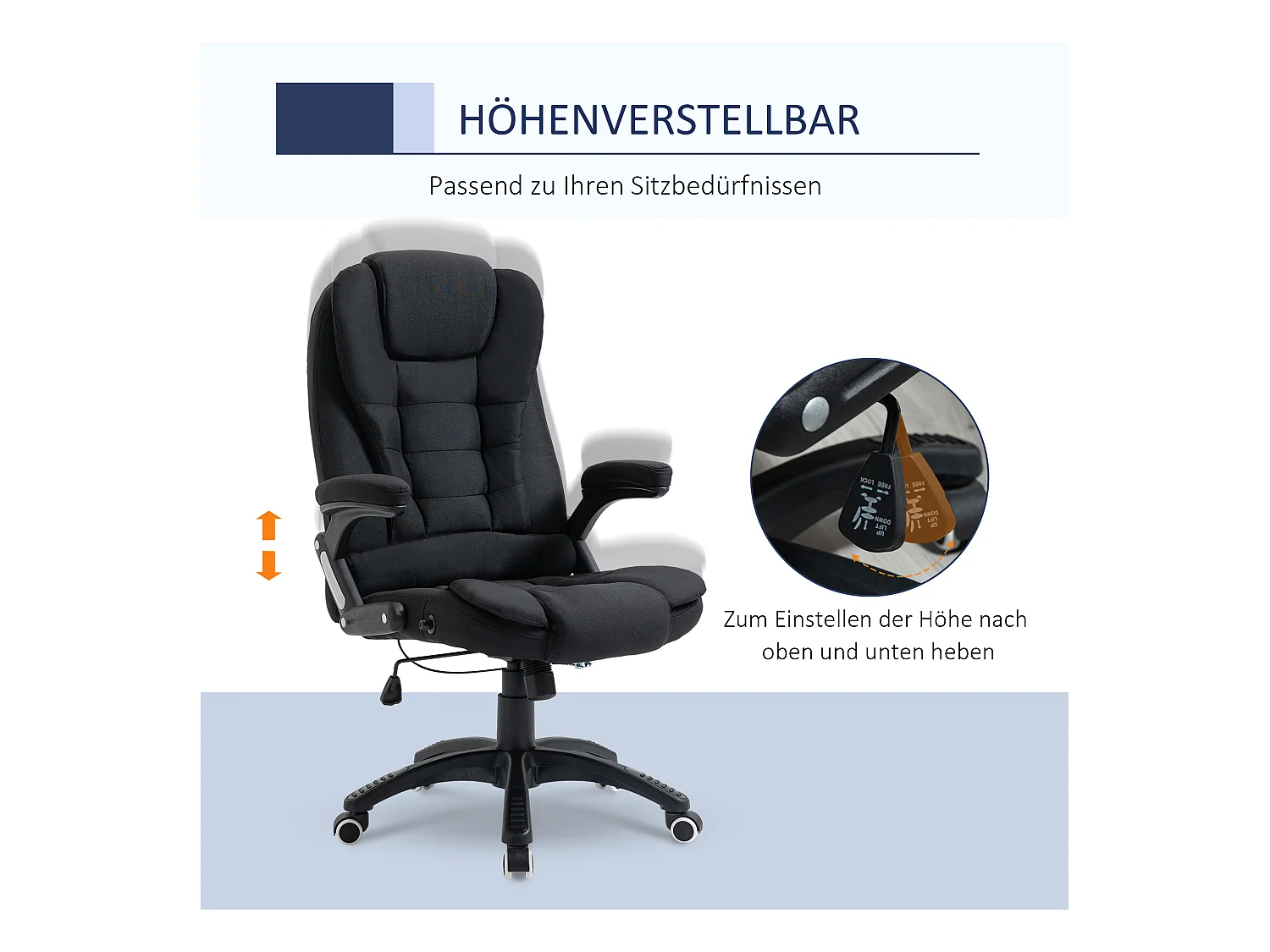 Chaise de bureau ergonomique, réglable en hauteur, fonction basculante, tissu lin, noir, (65x72x100-120 cm)  ###