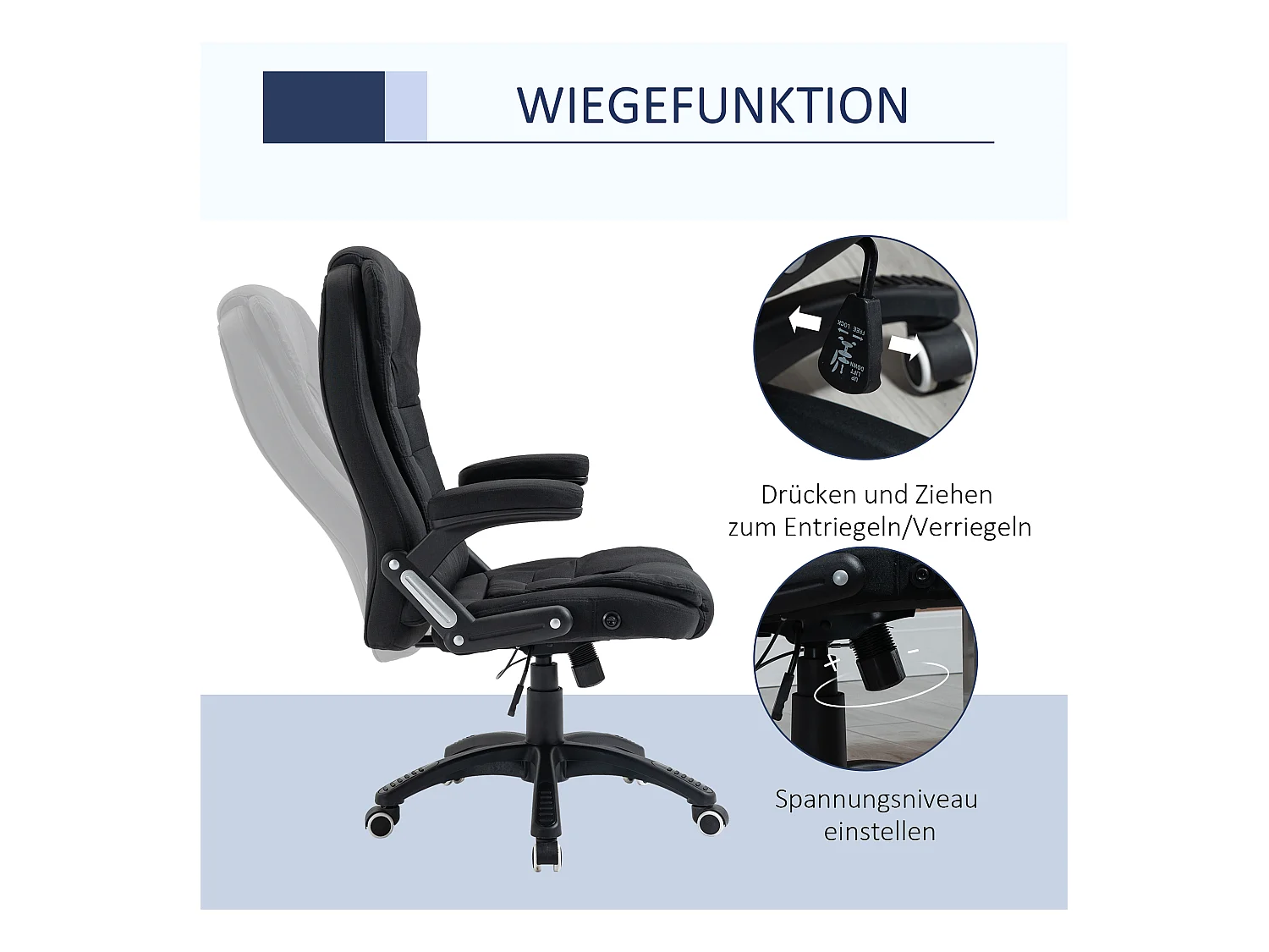 Chaise de bureau ergonomique, réglable en hauteur, fonction basculante, tissu lin, noir, (65x72x100-120 cm)  ###