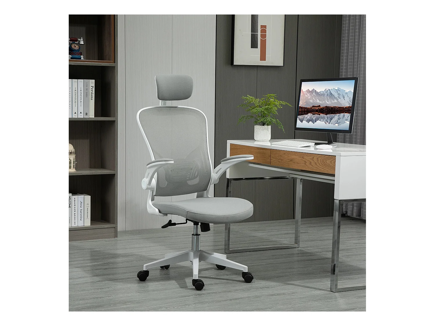 Chaise de bureau ergonomique avec appui-tête et fonction basculante, hauteur réglable, plastique, gris (65x64x114-122 cm)