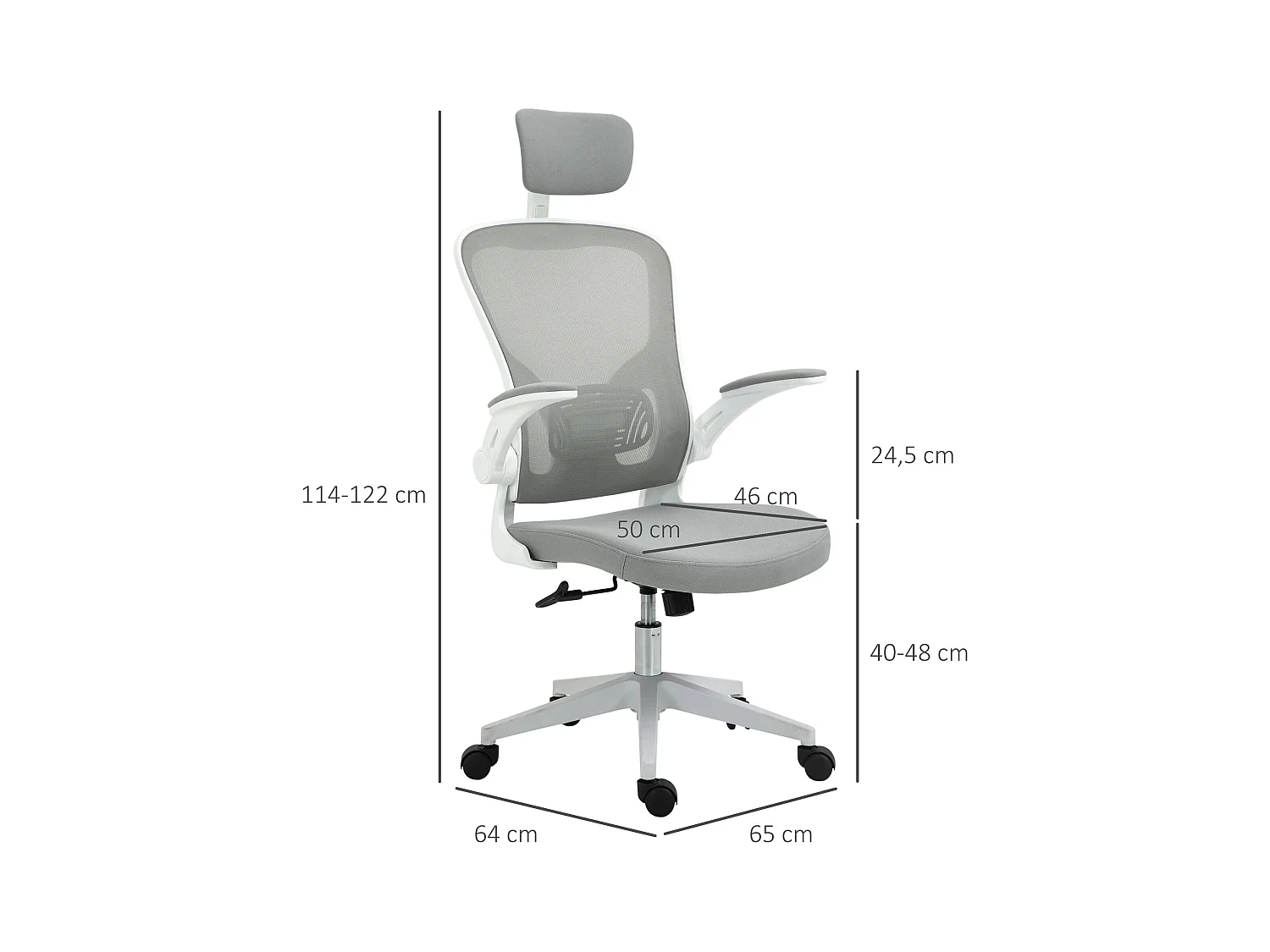 Chaise de bureau ergonomique avec appui-tête et fonction basculante, hauteur réglable, plastique, gris (65x64x114-122 cm)