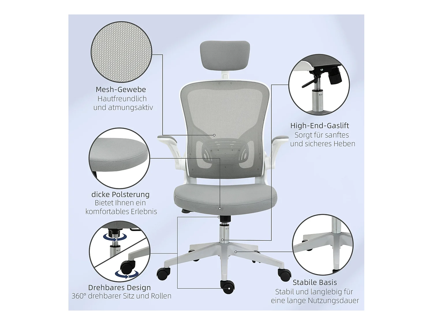 Chaise de bureau ergonomique avec appui-tête et fonction basculante, hauteur réglable, plastique, gris (65x64x114-122 cm)