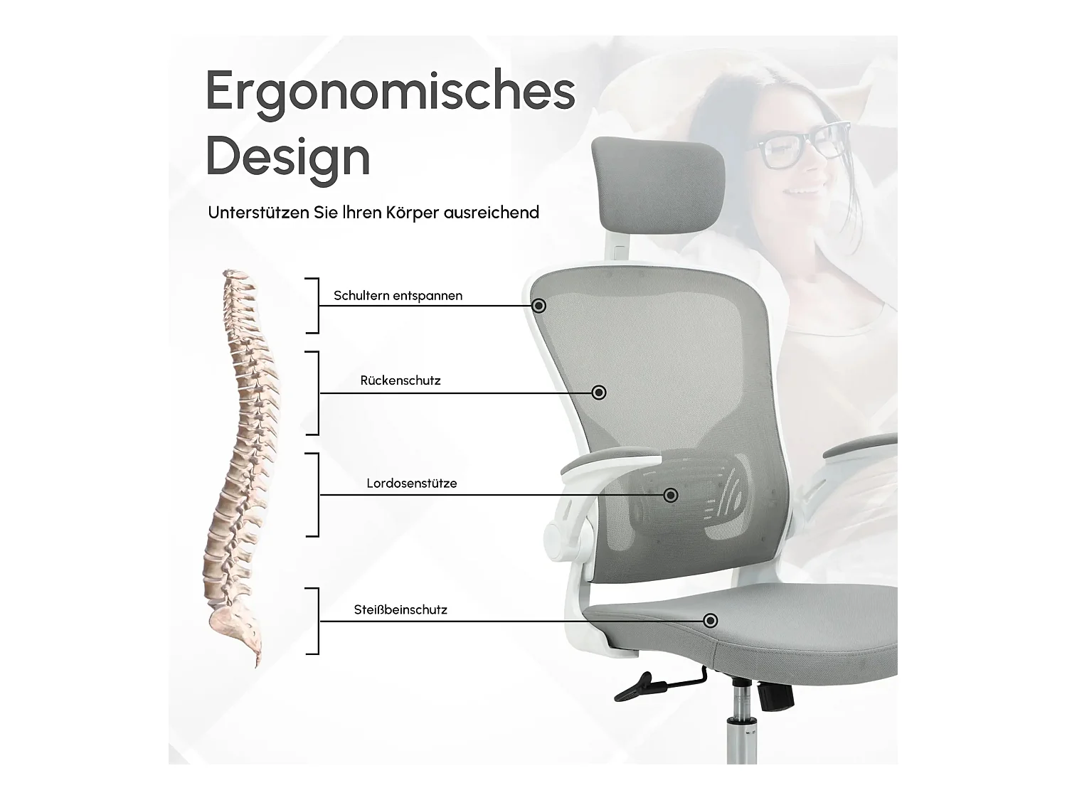 Chaise de bureau ergonomique avec appui-tête et fonction basculante, hauteur réglable, plastique, gris (65x64x114-122 cm)