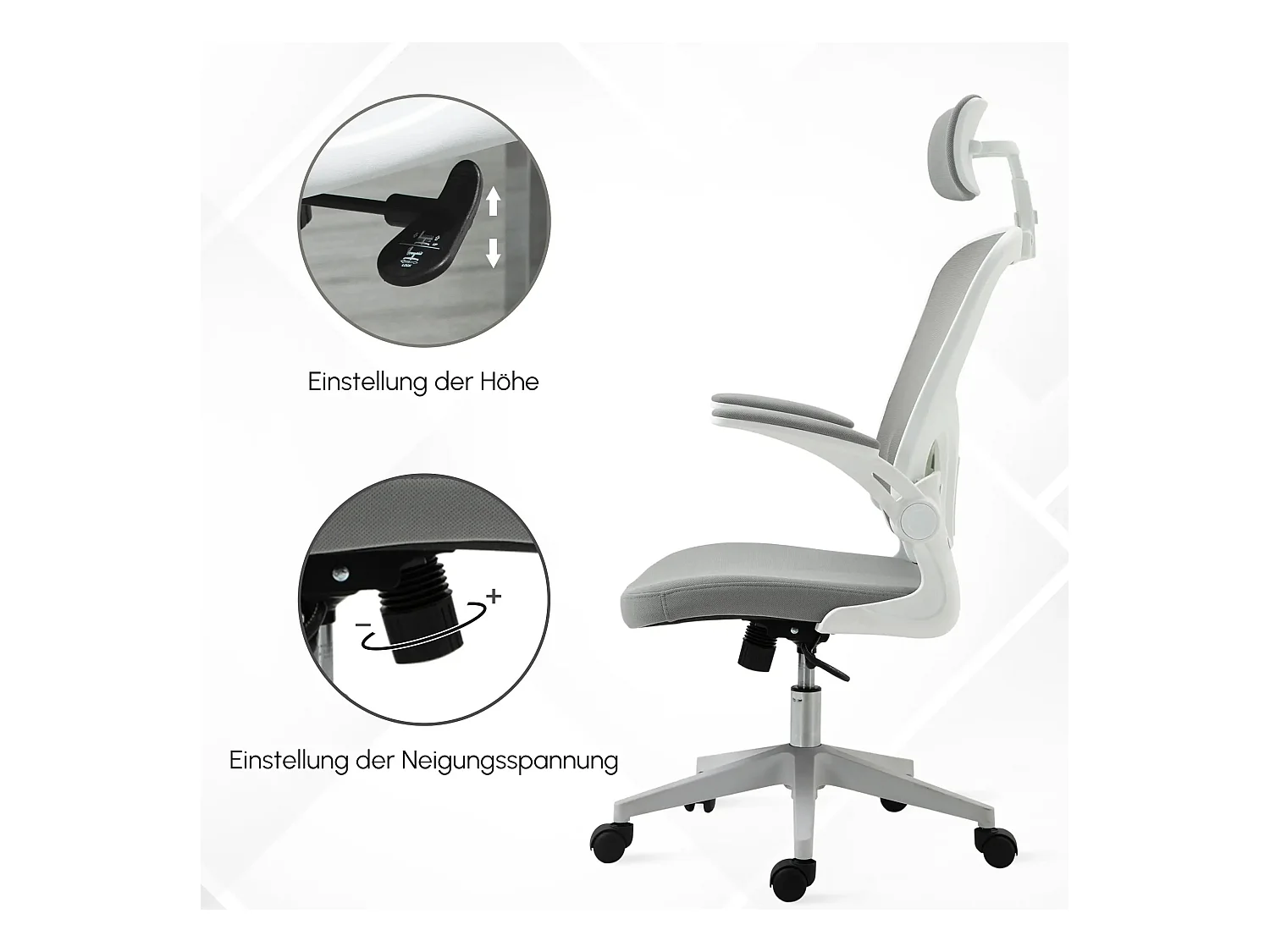 Chaise de bureau ergonomique avec appui-tête et fonction basculante, hauteur réglable, plastique, gris (65x64x114-122 cm)