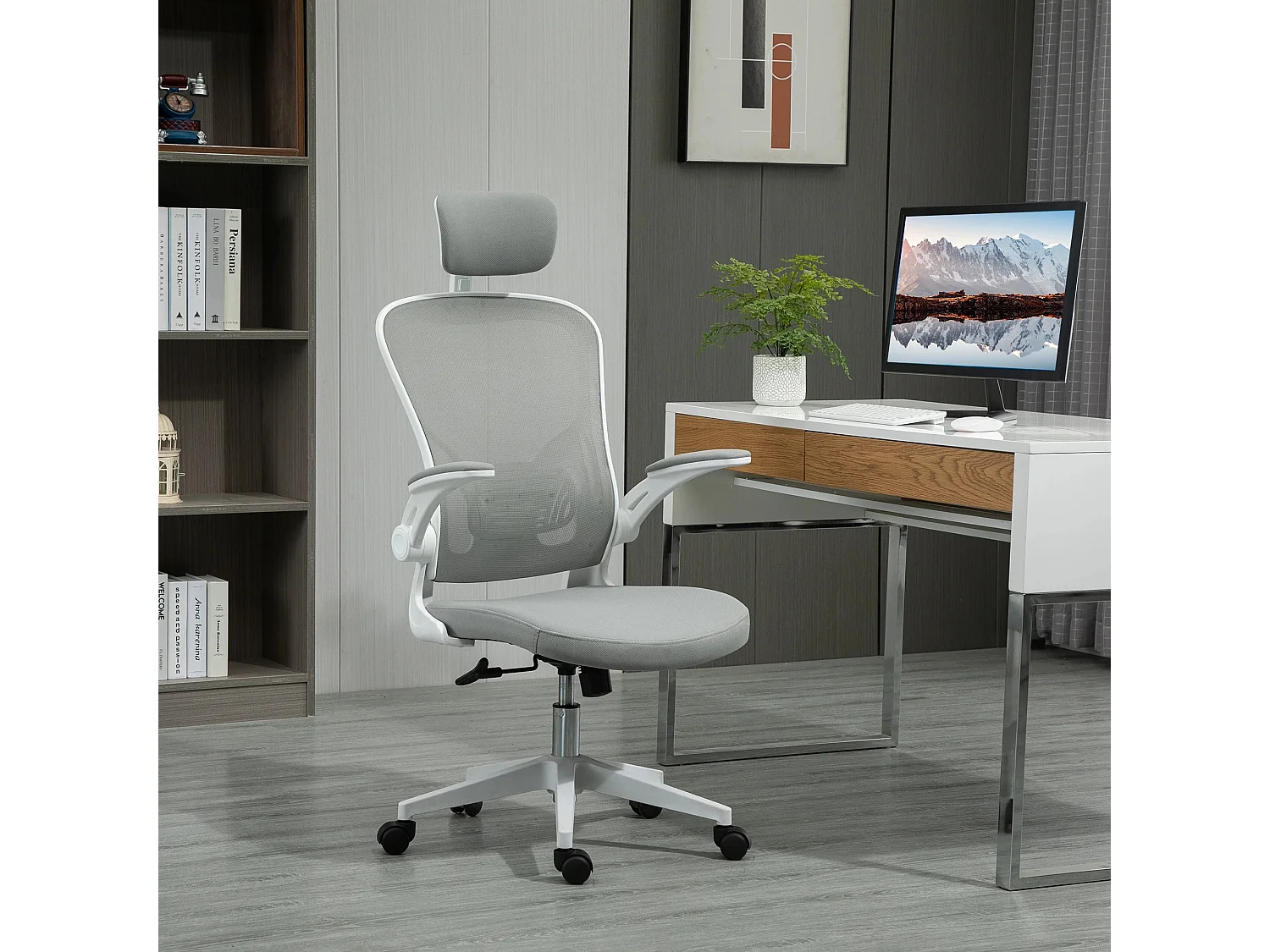 Sedia da ufficio ergonomica con poggiatesta e funzione di inclinazione, regolabile in altezza, plastica, grigio (65x64x114-122 cm)