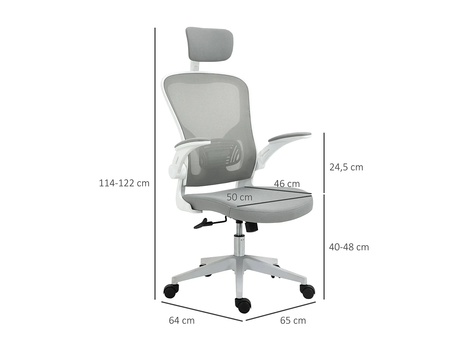 Sedia da ufficio ergonomica con poggiatesta e funzione di inclinazione, regolabile in altezza, plastica, grigio (65x64x114-122 cm)