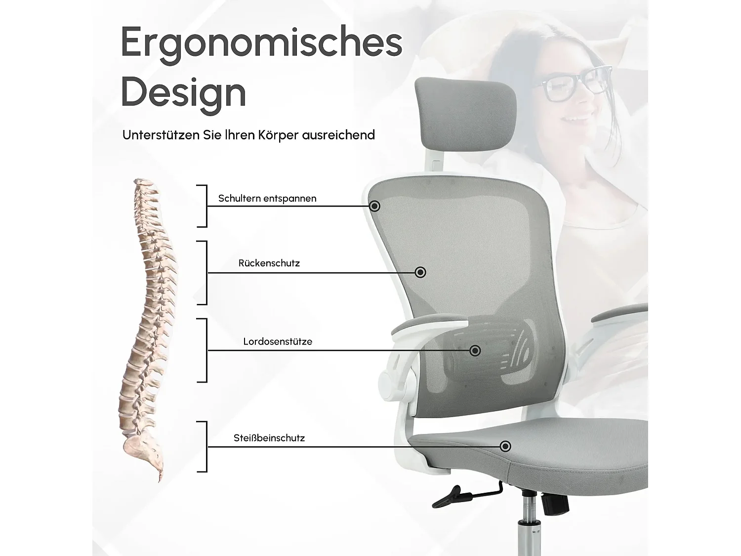 Sedia da ufficio ergonomica con poggiatesta e funzione di inclinazione, regolabile in altezza, plastica, grigio (65x64x114-122 cm)