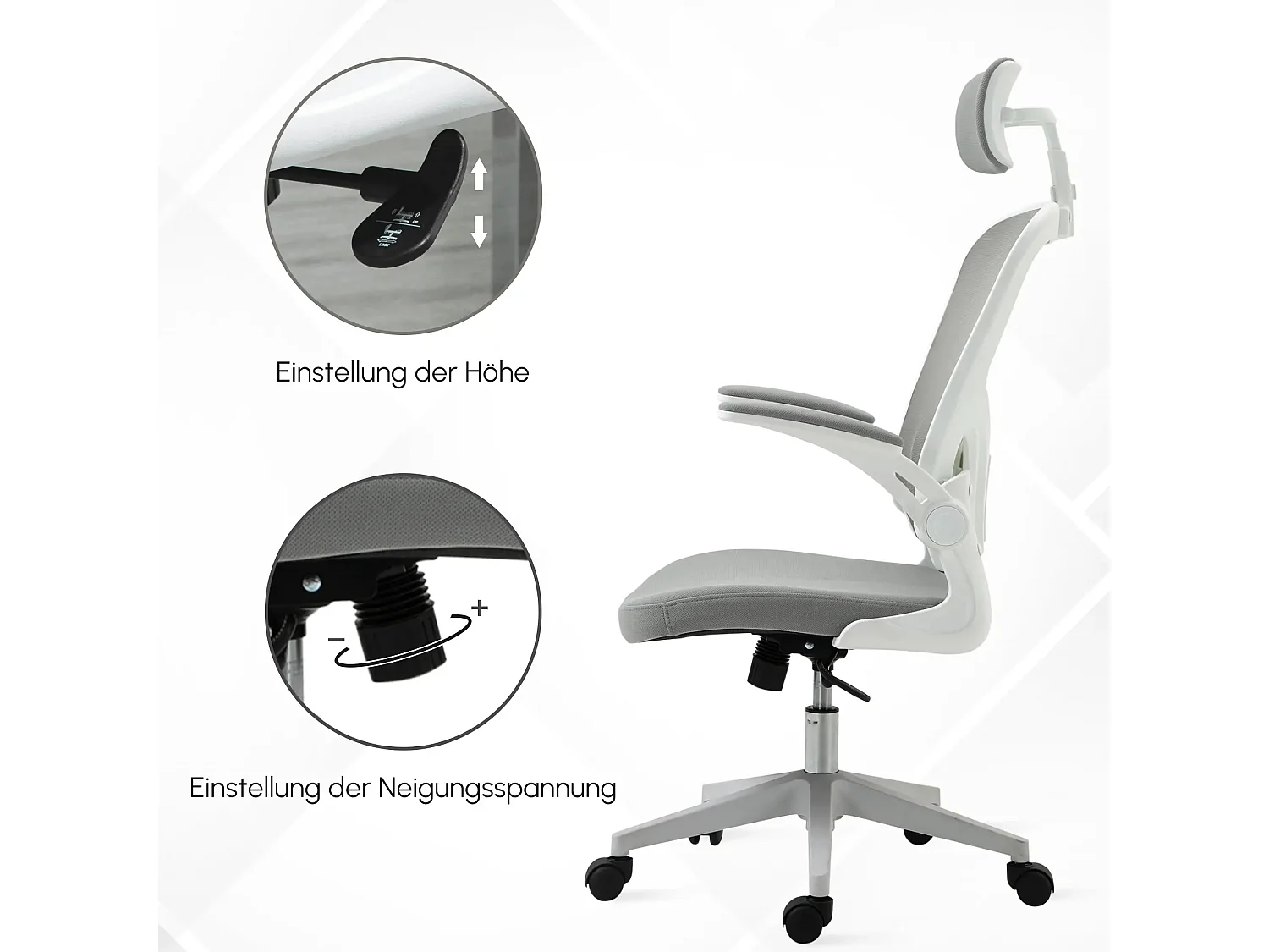 Sedia da ufficio ergonomica con poggiatesta e funzione di inclinazione, regolabile in altezza, plastica, grigio (65x64x114-122 cm)